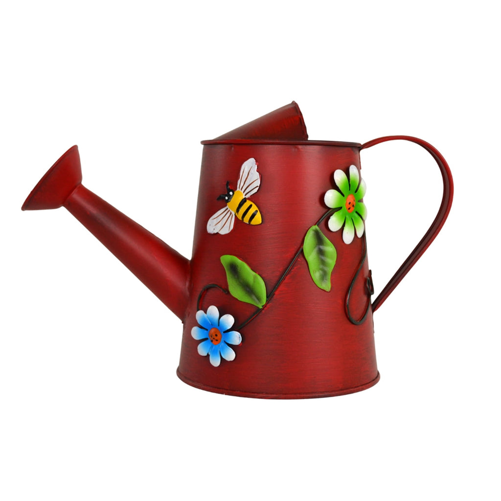 Small Red Watering Can - Decorative Flowers & Bee Metal Watering Can (Vol: 4 Cups)
