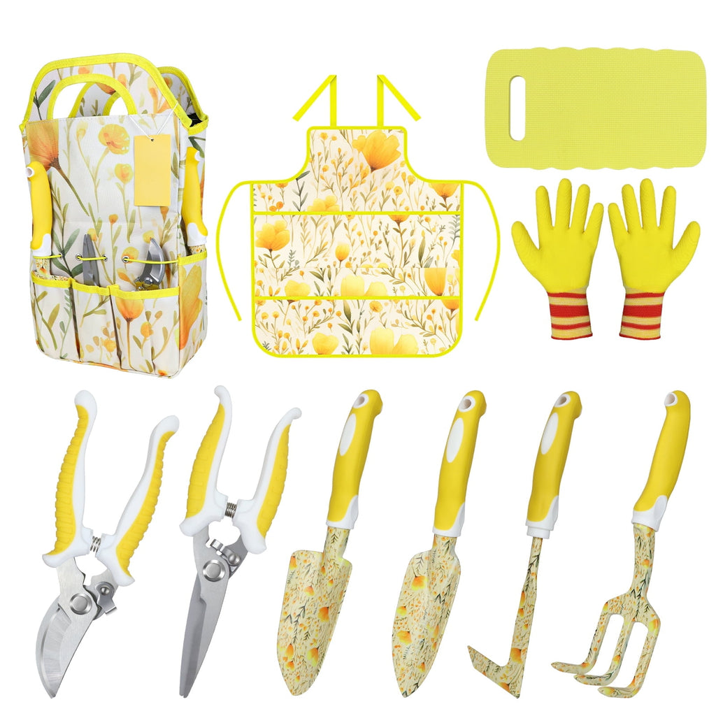 ZUEXT Yellow Garden Tool Sets 10-Piece, Heavy Duty Gardening Hand Tools with Non-Slip Ergonomic Handle, Flower Print Garden Tool Bag, Garden