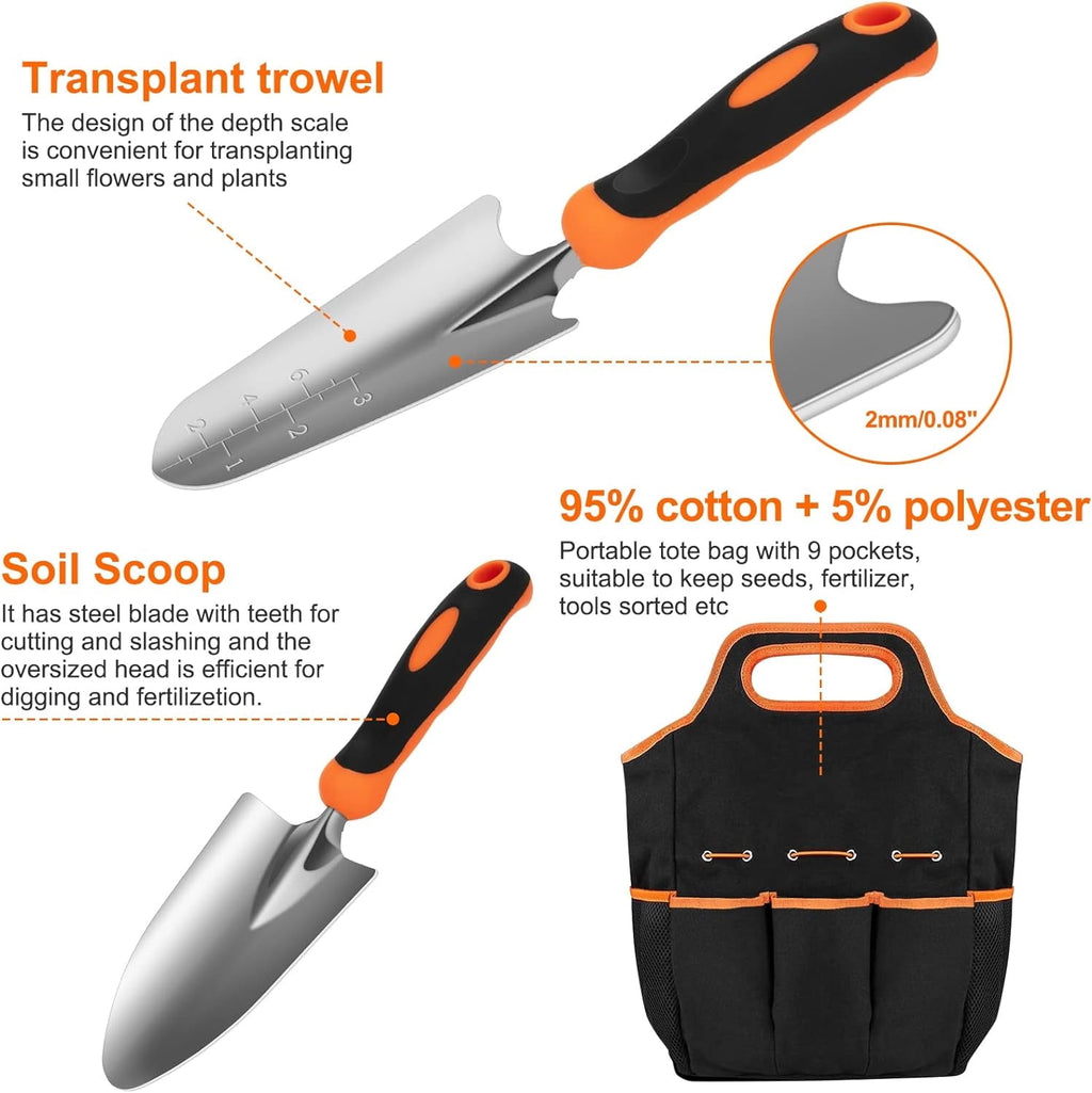Nrnio Garden Tool Set, Stainless Steel Heavy Duty Gardening Tool Set, with Non-Slip Rubber Grip, Storage Tote Bag, Outdoor Hand Tools, Ideal - Image 4