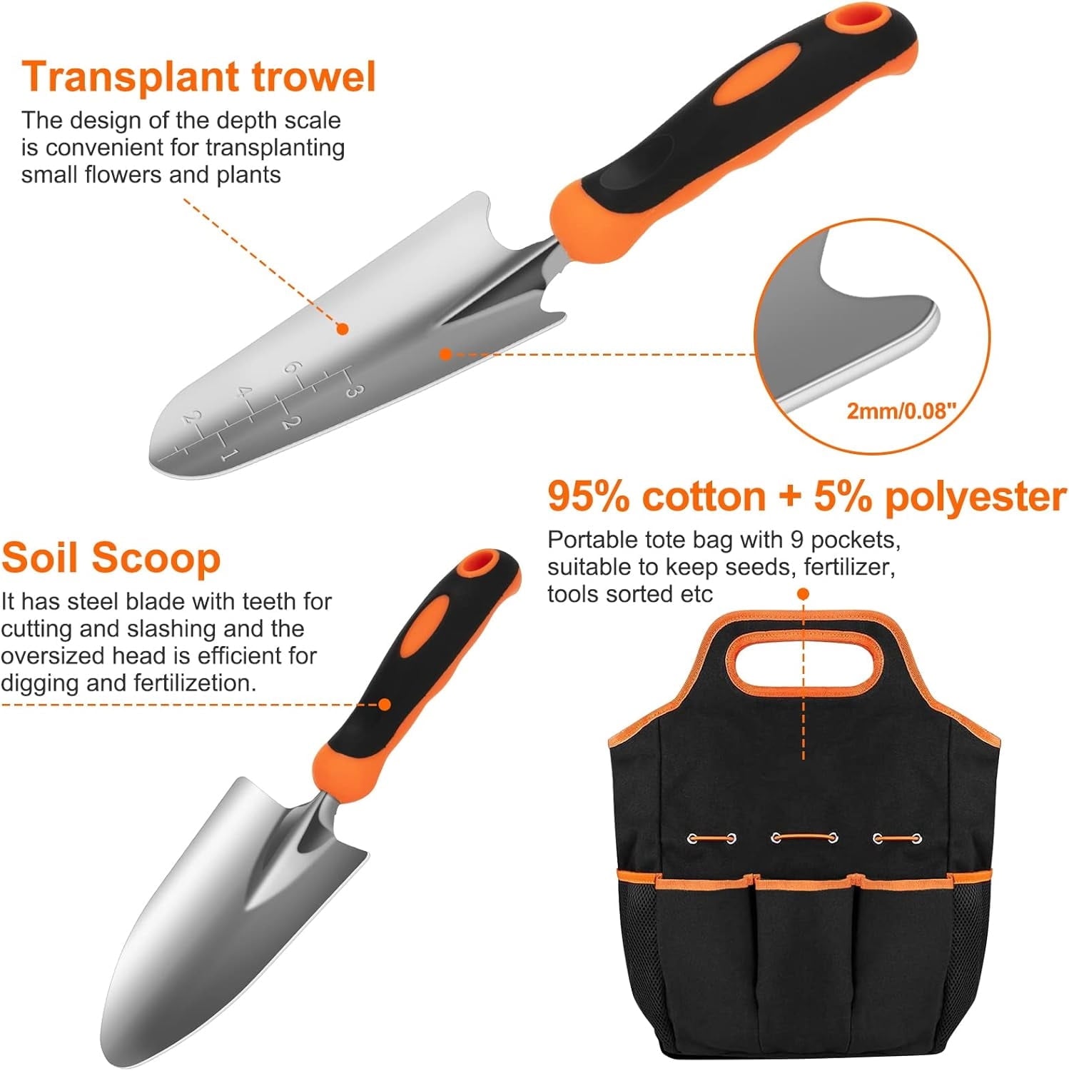 Nrnio Garden Tool Set, Stainless Steel Heavy Duty Gardening Tool Set, with Non-Slip Rubber Grip, Storage Tote Bag, Outdoor Hand Tools, Ideal - Image 4