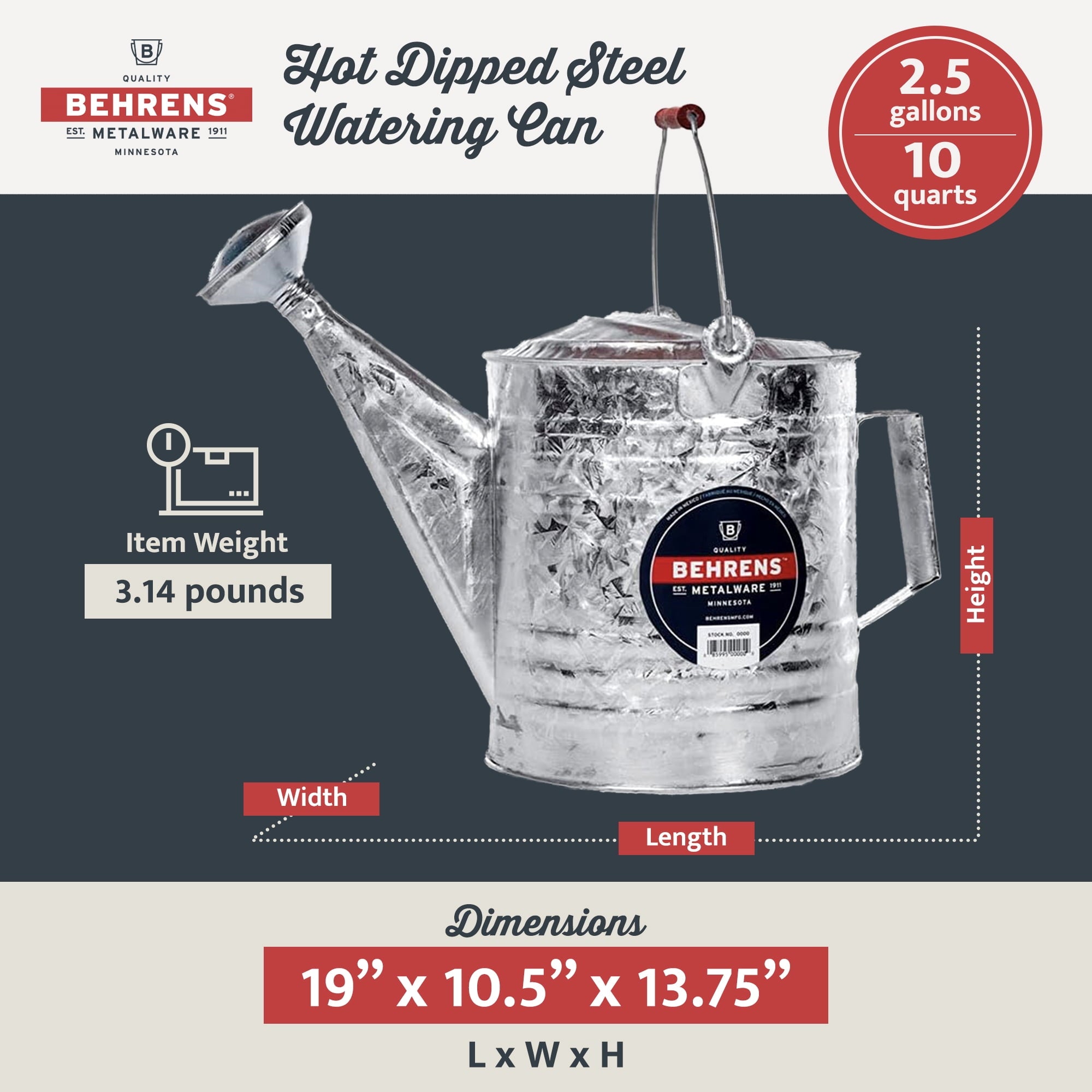 Behrens 2.5 Gallon Weatherproof Hot Dipped Steel Watering Can with Handles - Image 2