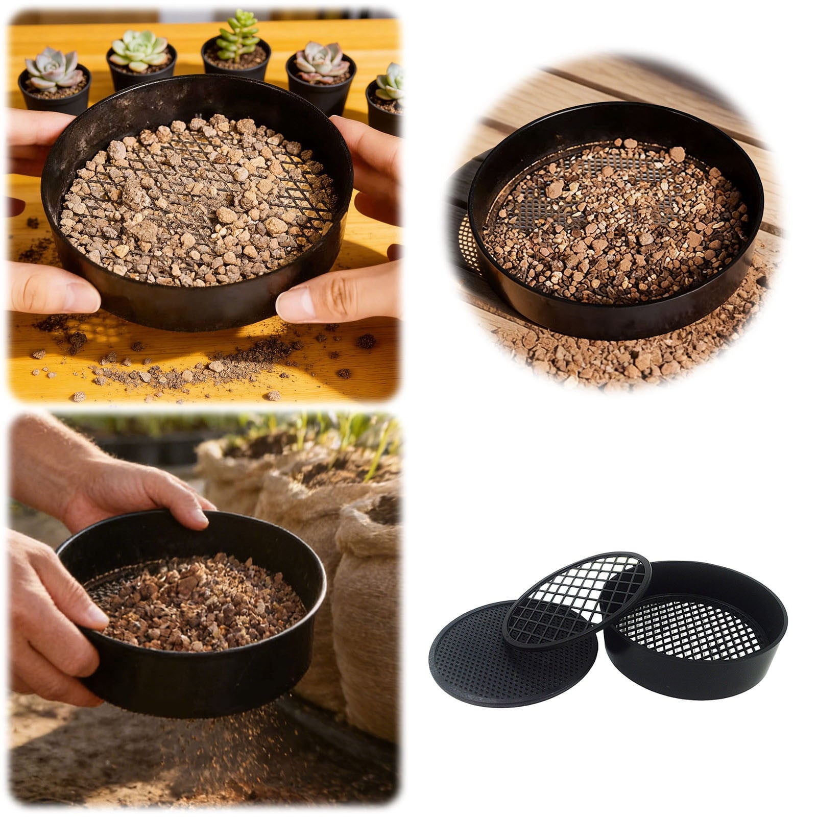 4.3 Inch Soil Sieve Set Gardening Sifters with 3 Replaceable Mesh Screens, Soil Sifter for Filtering Sand Stones Worm... - Image 2