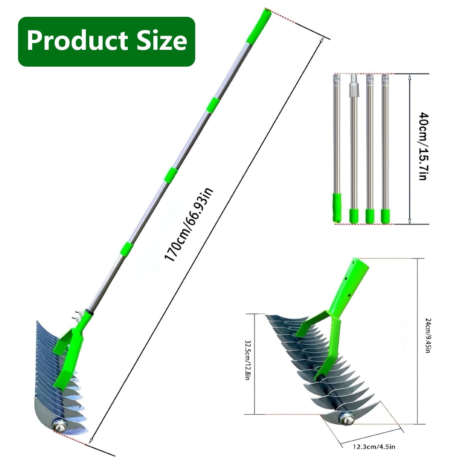 12.8In Rake for Lawns,Durable Efficient Deer Rake with Adjustable Long Handle-70In,Stainless Steel Garden Rake for Ra... - Image 4