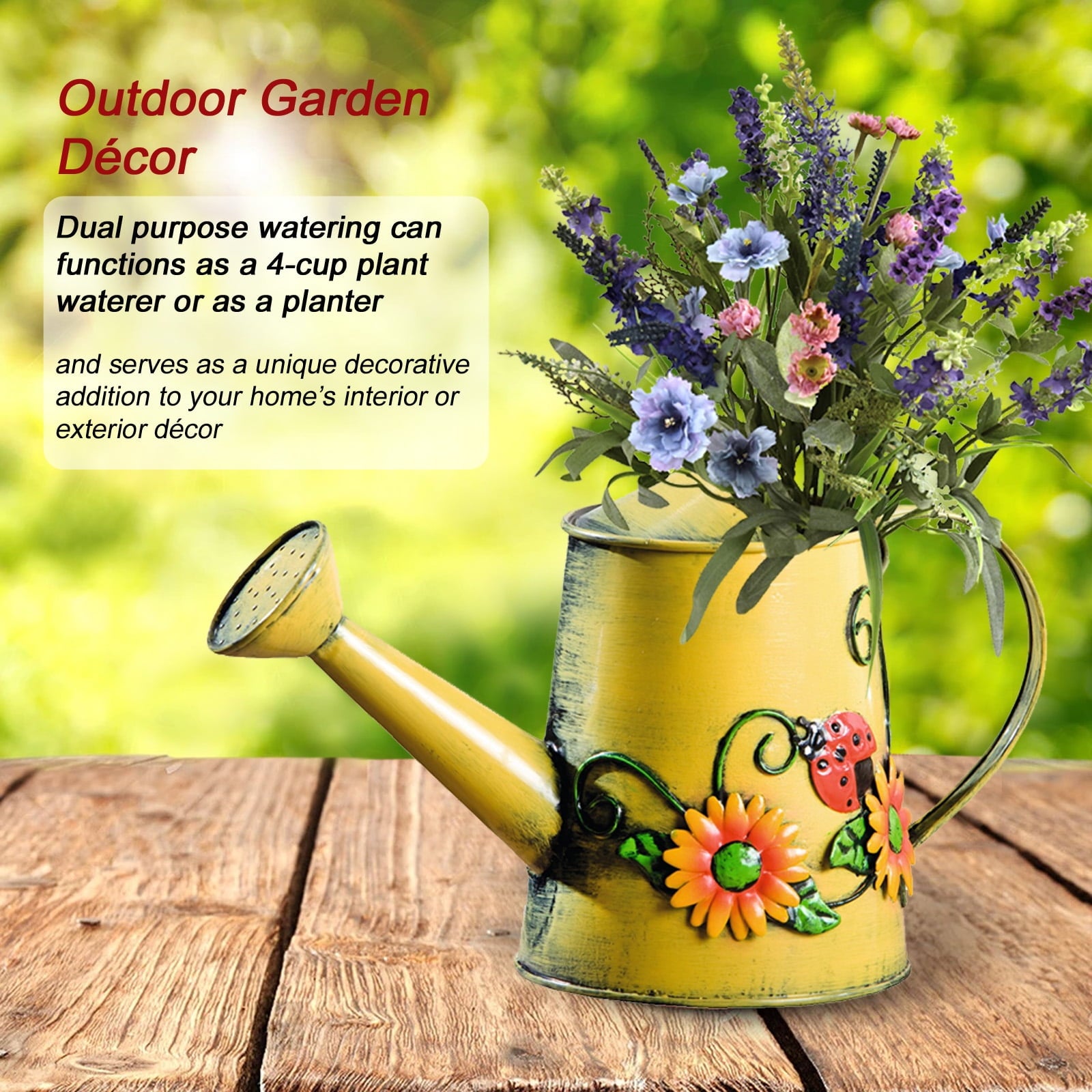 Mother's Day Gift, Decorative Sunflower & Ladybug Metal Watering Can (Vol: 4 Cups) - Image 2
