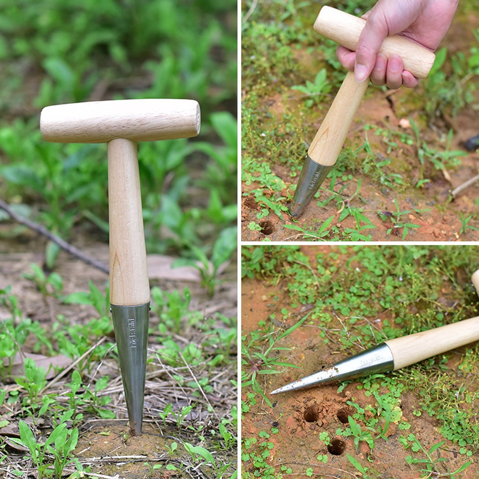 lixuesong Hand Dibber, Stainless Steel Sow Dibbler with Wood Handle, Garden Hole Puncher Dibbler Tool for Planting Seeding - Image 2
