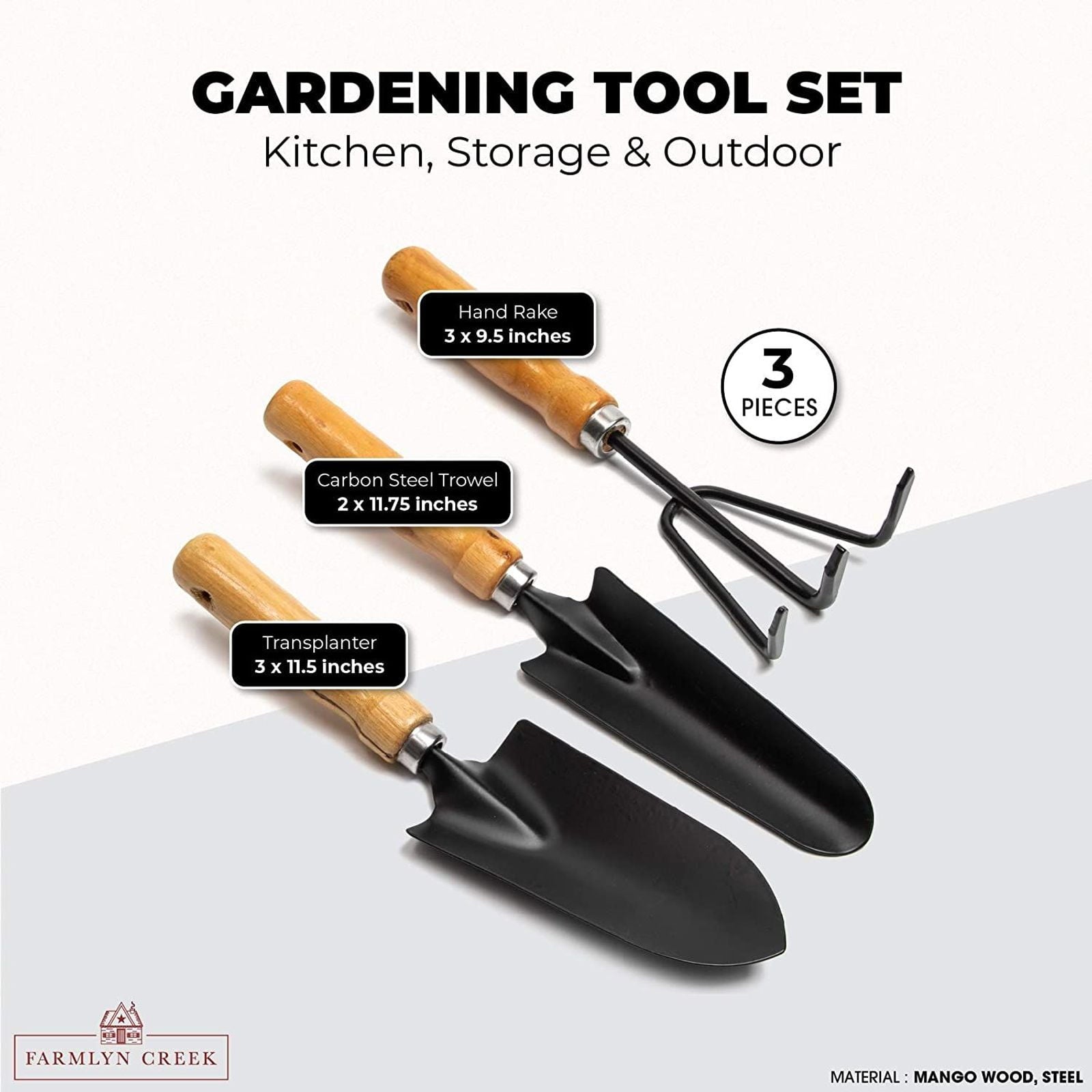 Clearance Set Black Iron Gardening Tools Set with Mango Wood Handle - Mini Hand Trowel, Transplanter, Hand Rake Cultivator - Image 5