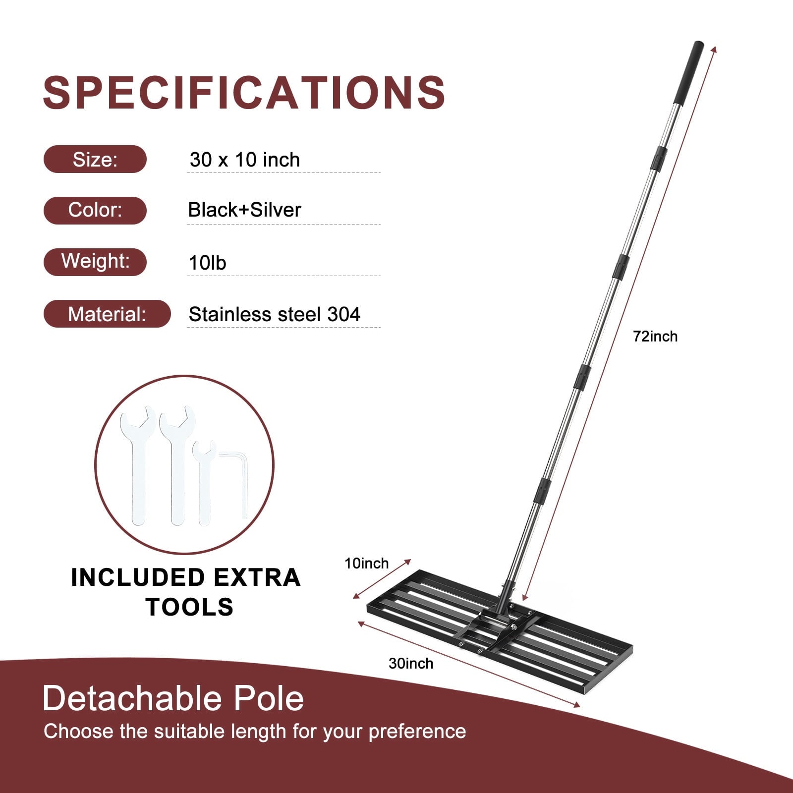 Lawn Leveling Rake, 30" x 10" Heavy-Duty Stainless Steel Lawn Leveler with 72“ Adjuatble Long Handle - Effort-Saving Leveling Soil Sand Spre - Image 3