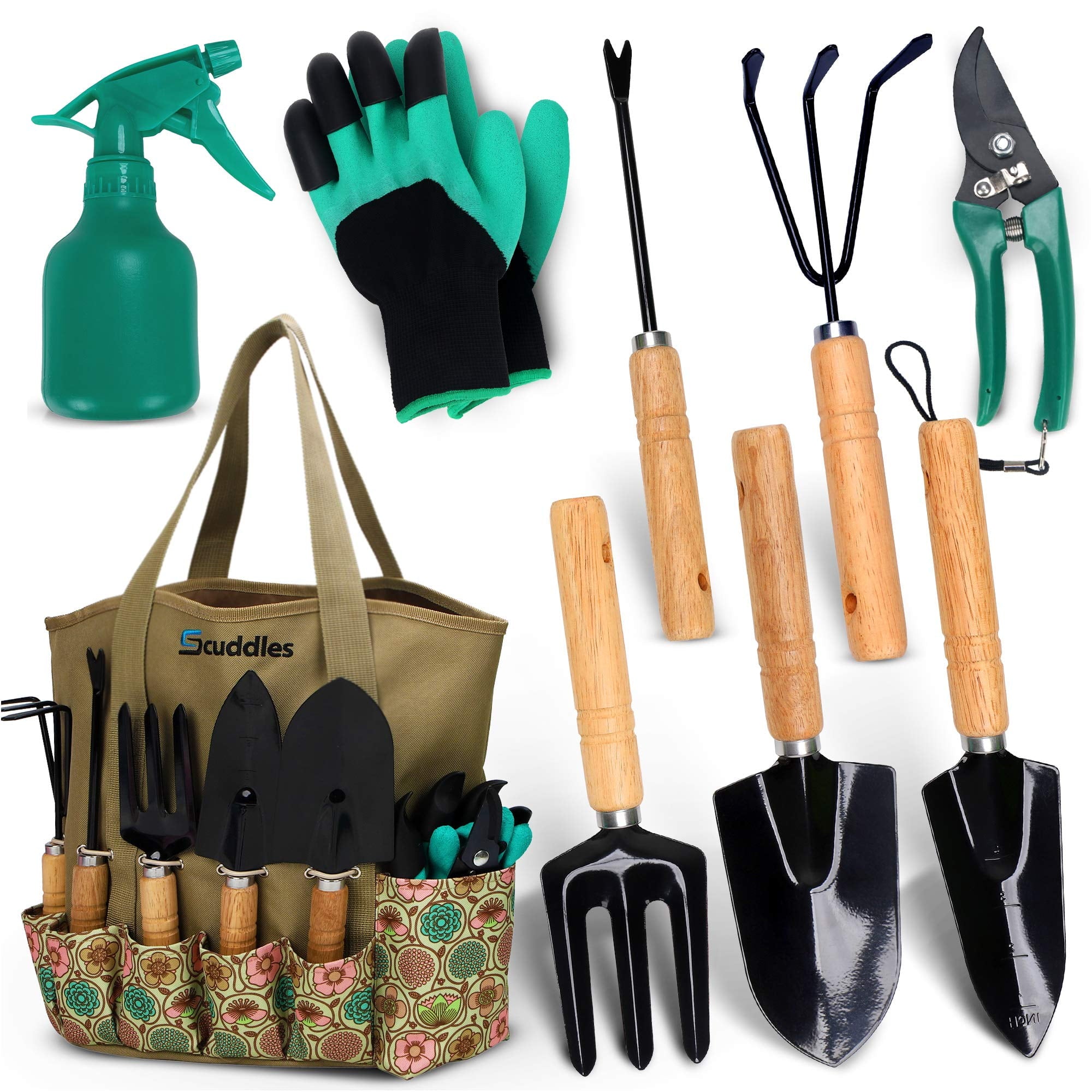 Scuddles Garden Tools Set - 8 Piece Heavy Duty Gardening Kit with Storage Organizer, Ergonomic Hand Digging Weeder Rake Shovel Trowel Spraye - Image 2