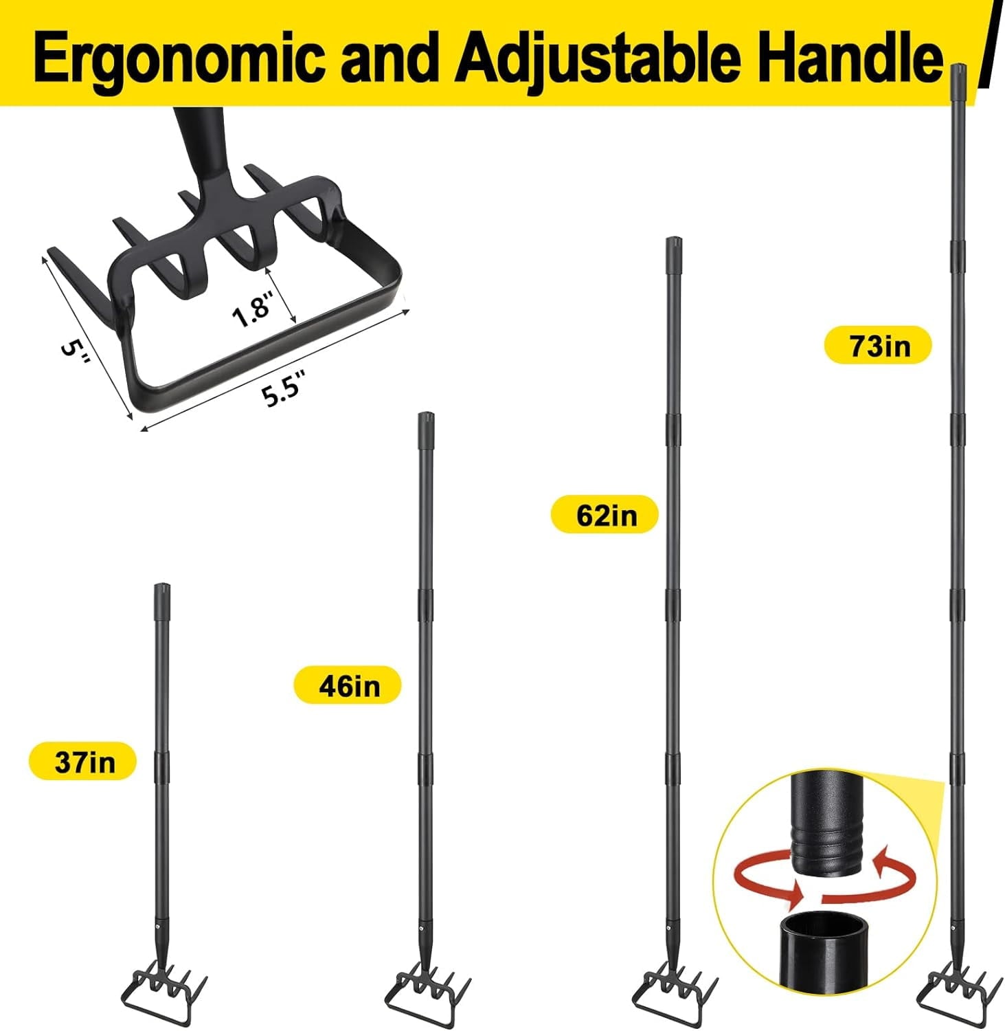 Stirrup Cultivator for Weeding with 73" Adjustable Long Shank, 2-in-1 Heavy Duty and Rake Cultivator for Digging, Loo... - Image 6