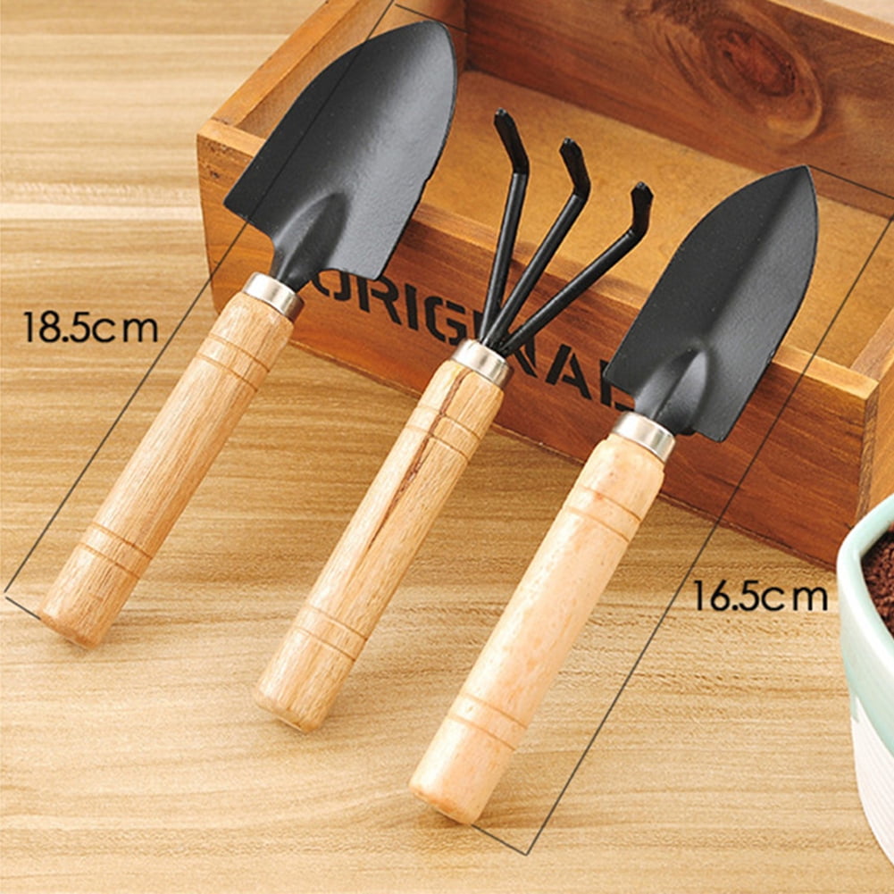 3Pcs Mini Garden Gardening Plant Tools Set with Wooden Handle Shovel Rake Spade - Image 6