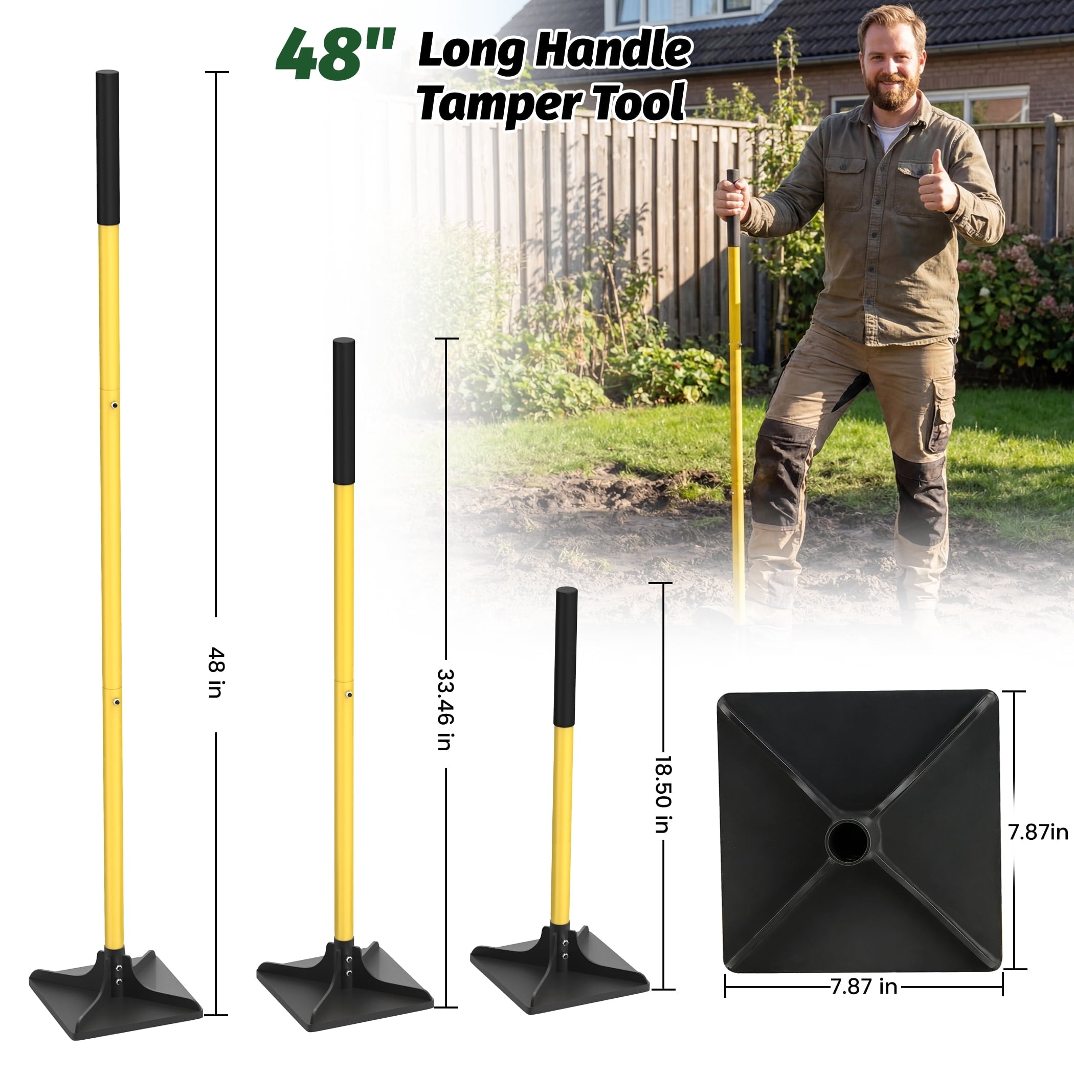 8"x8" Steel Tamper Tool with 48" Handle, Heavy Duty Handle Tamper with Comfortable Rubber Grip, Garden Tamper Tool fo... - Image 4