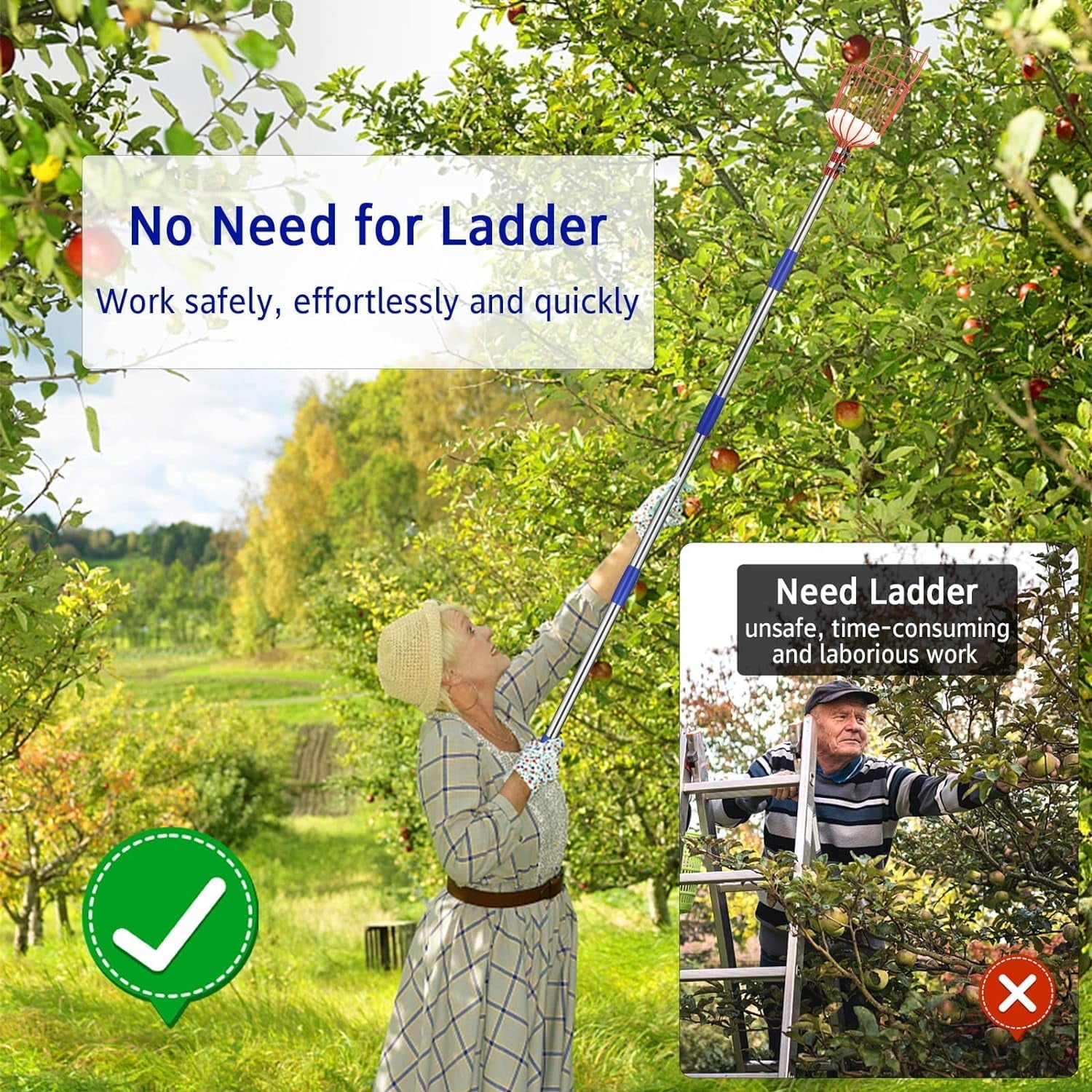 YeYeBest Fruit Picker Pole with Basket,8ft Adjustable Height Fruit Picker Tool with Stainless Steel Fruit Picking Pole for Apple Orange Mang - Image 3