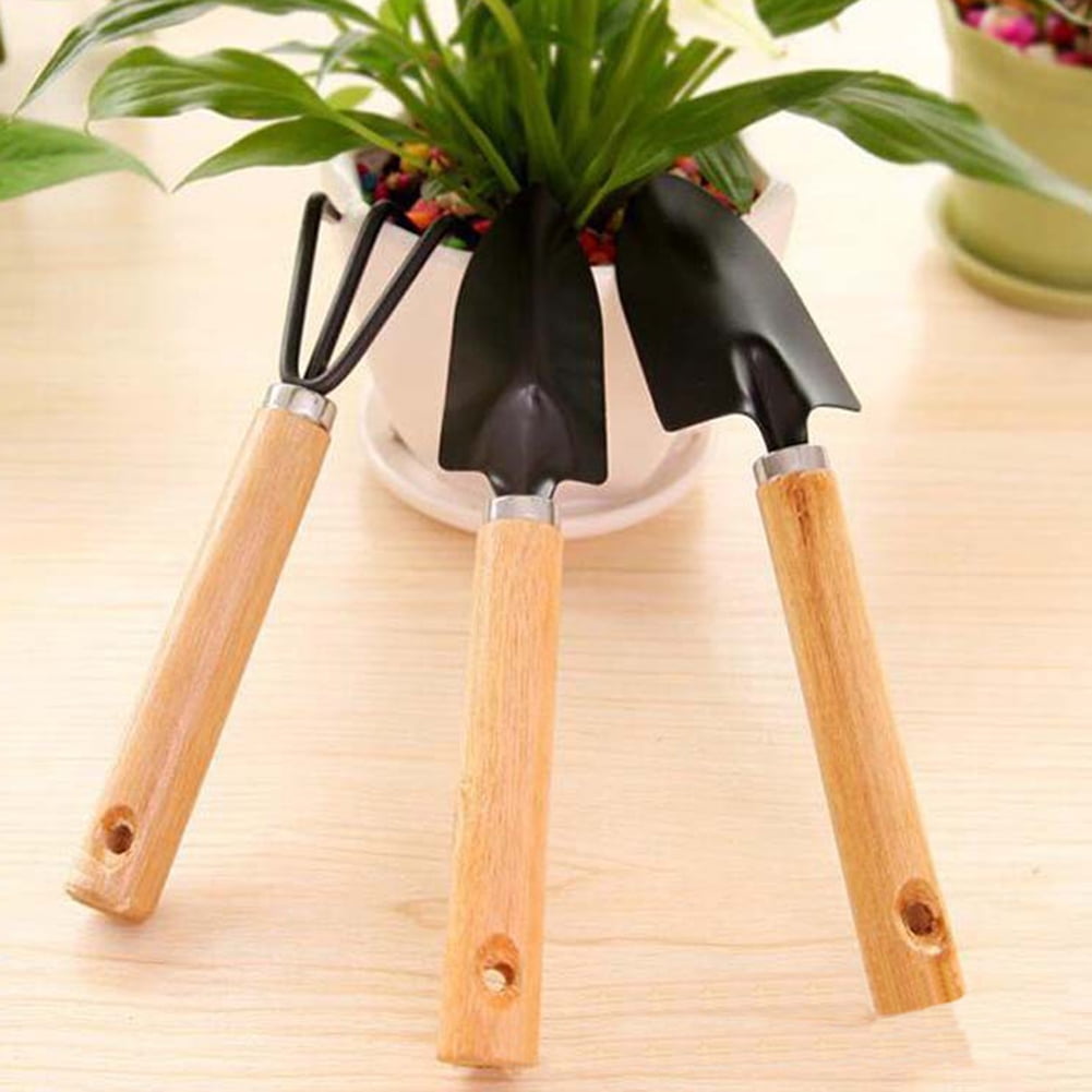 3Pcs Mini Garden Gardening Plant Tools Set with Wooden Handle Shovel Rake Spade - Image 4