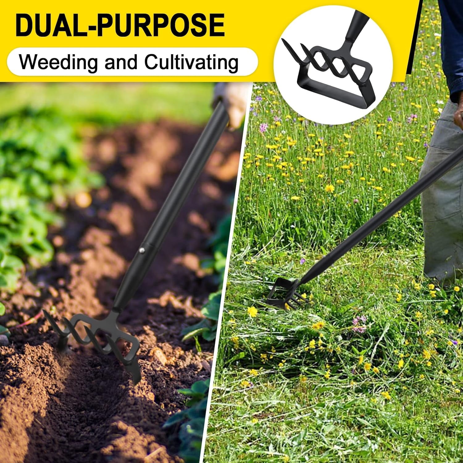 Stirrup Cultivator for Weeding with 73" Adjustable Long Shank, 2-in-1 Heavy Duty and Rake Cultivator for Digging, Loo... - Image 5