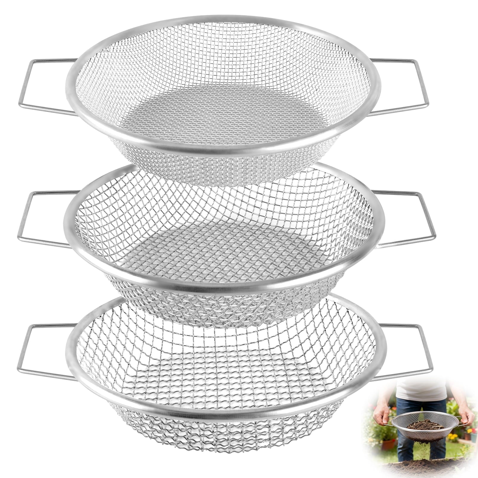 Soil Sifter for Gardening, 3Pcs Heavy Duty Rock Sifter Garden Sieve with Handles for 5 Gallon Bucket, 1/4, 1/8, 3/8 I...