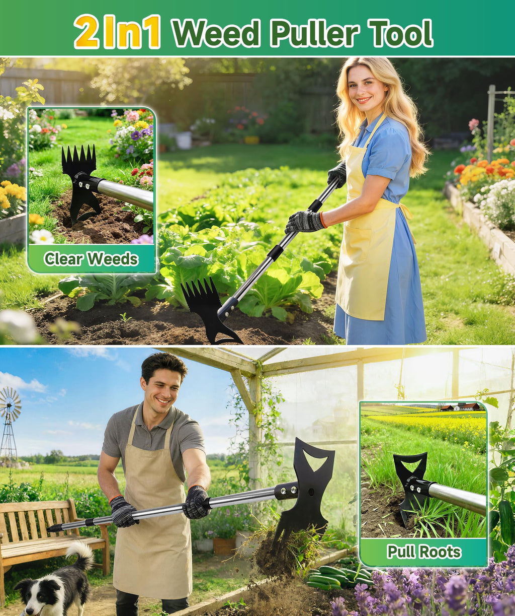 Weeding Tool, Hoe Cultivator 2 in 1 Garden Tools, 45 inch Weeder Hand Tiller Weeding Rake for Yard Lawn Gardening Dig... - Image 4