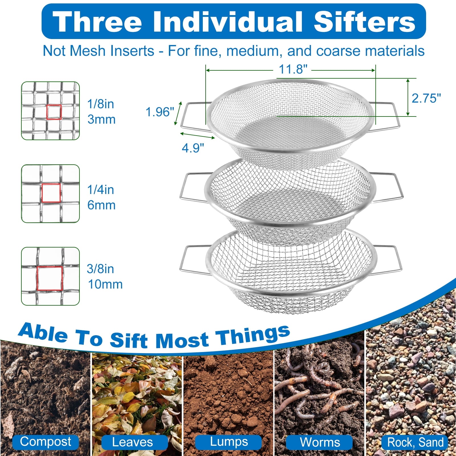 Soil Sifter for Gardening, 3Pcs Heavy Duty Rock Sifter Garden Sieve with Handles for 5 Gallon Bucket, 1/4, 1/8, 3/8 I... - Image 6