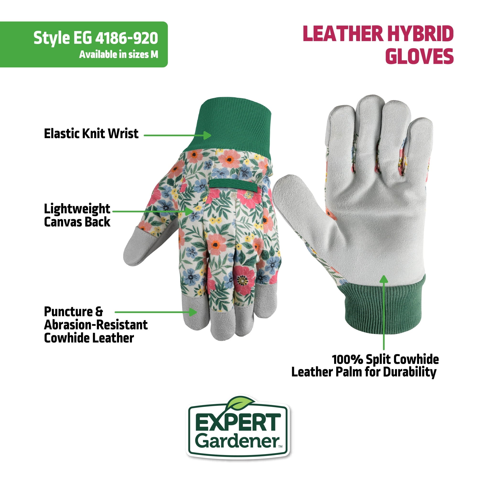 Expert Gardener Womens Palm Leather Gardening Gloves, Size M - Image 2