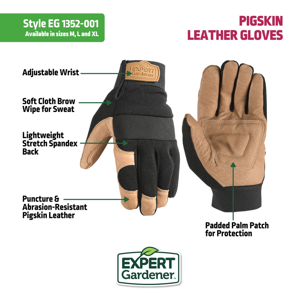 Expert Gardener Mens Pigskin Leather Hybrid Gardening Gloves, Size L - Image 2