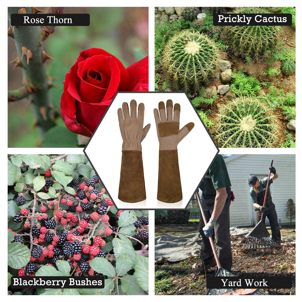 Pruning Gloves Long for Men & Women, Pigskin Leather Rose Gardening Gloves, Medium, Brown - Image 3