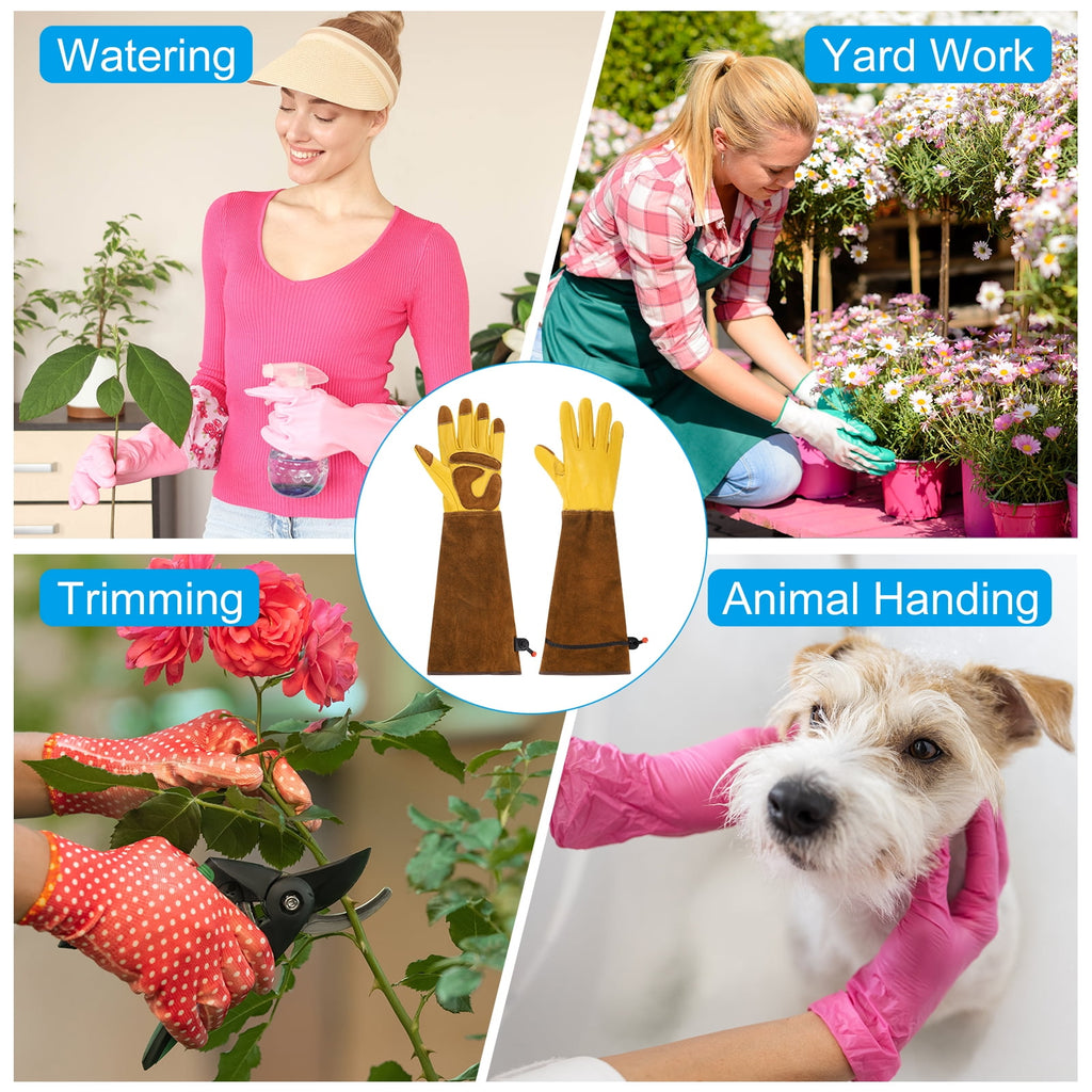 Long Gardening Glove, Cowhide Leather Rose Pruning Garden Glove Thorn Proof Yellow/Brown XL - Image 5