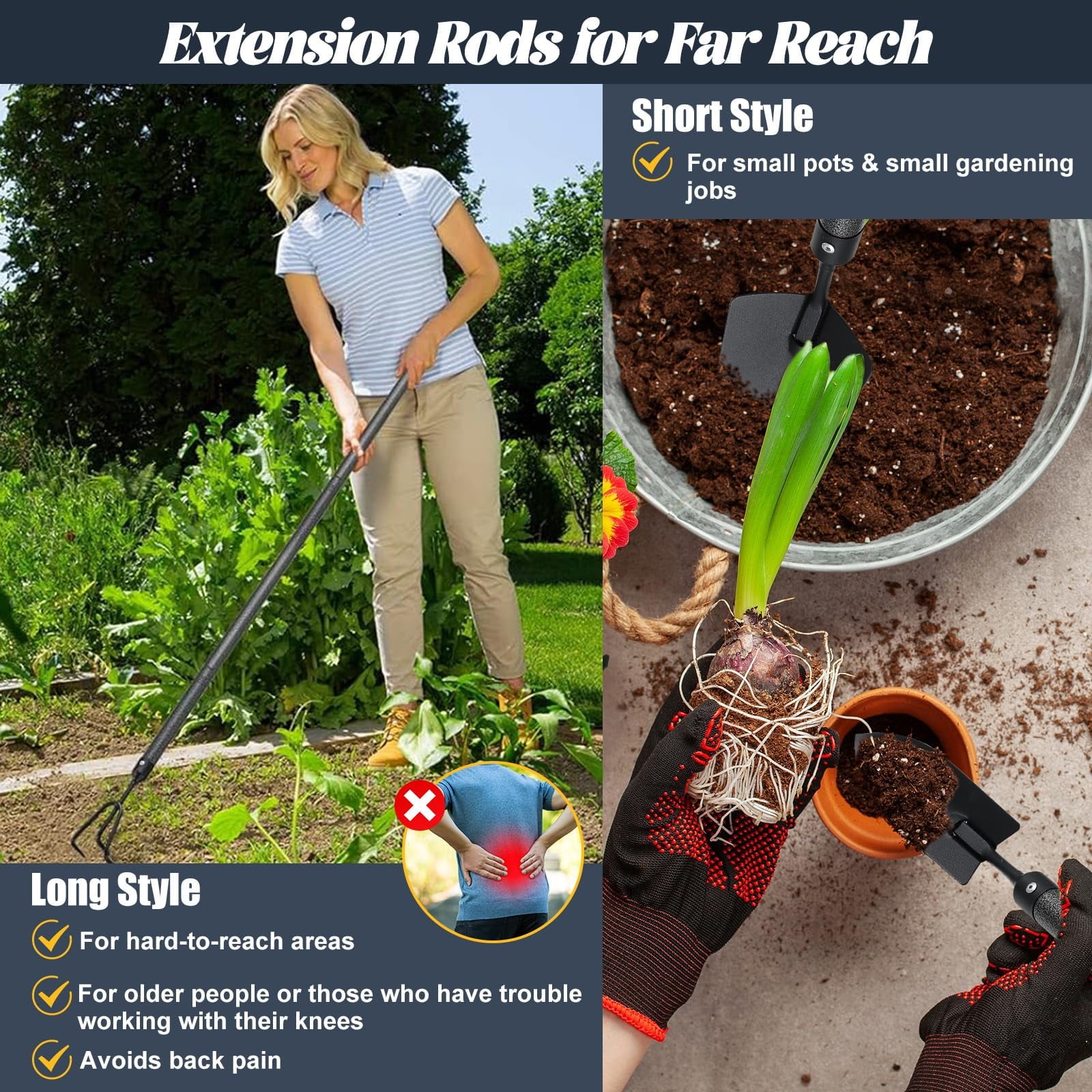 Garden Tools Set with Extension Handles, Heavy-Duty Steel  Thick Gardening Hand Tools,5 Pieces - Image 3