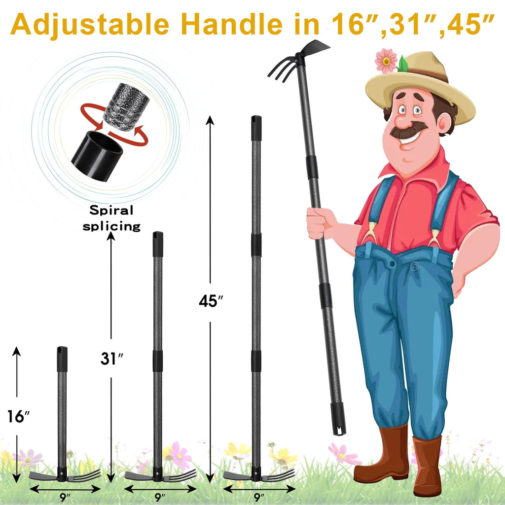 Garden Hoe, Garden Rake Tool with 45 inch Adjustable Long Handle for Weeding, Hoe Cultivator 2 in 1 Hand Garden Tool - Image 3