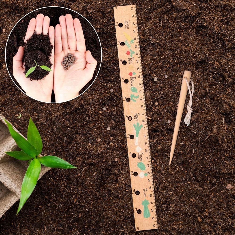 2pcs Wooden Planting Ruler and Seeder Set, Seed Spacing Ruler Seed Planting Ruler with Holes Garden Dibber Spacing Ru... - Image 6