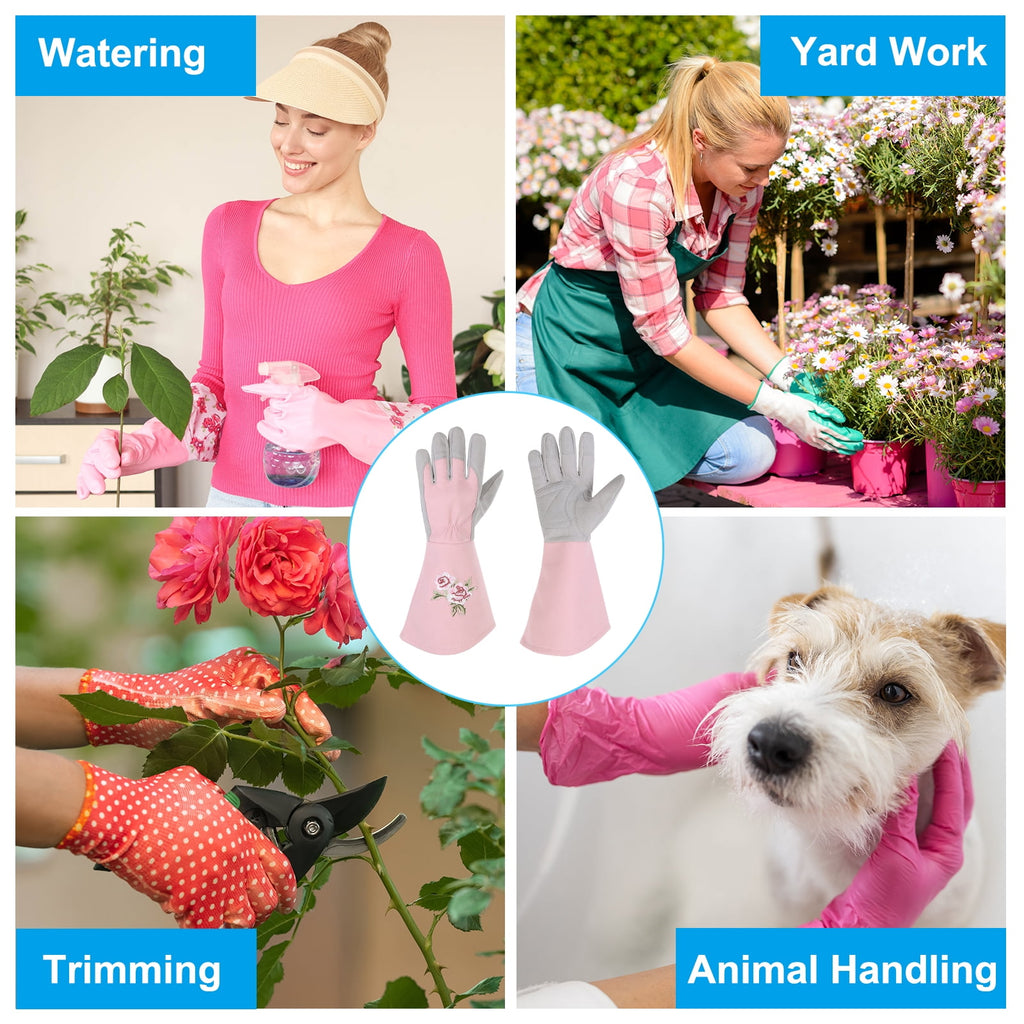 Women Gardening Gloves Thorn Proof, Small Extra Long Leather Garden Gloves Rose Pruning Gloves, Pink - Image 5