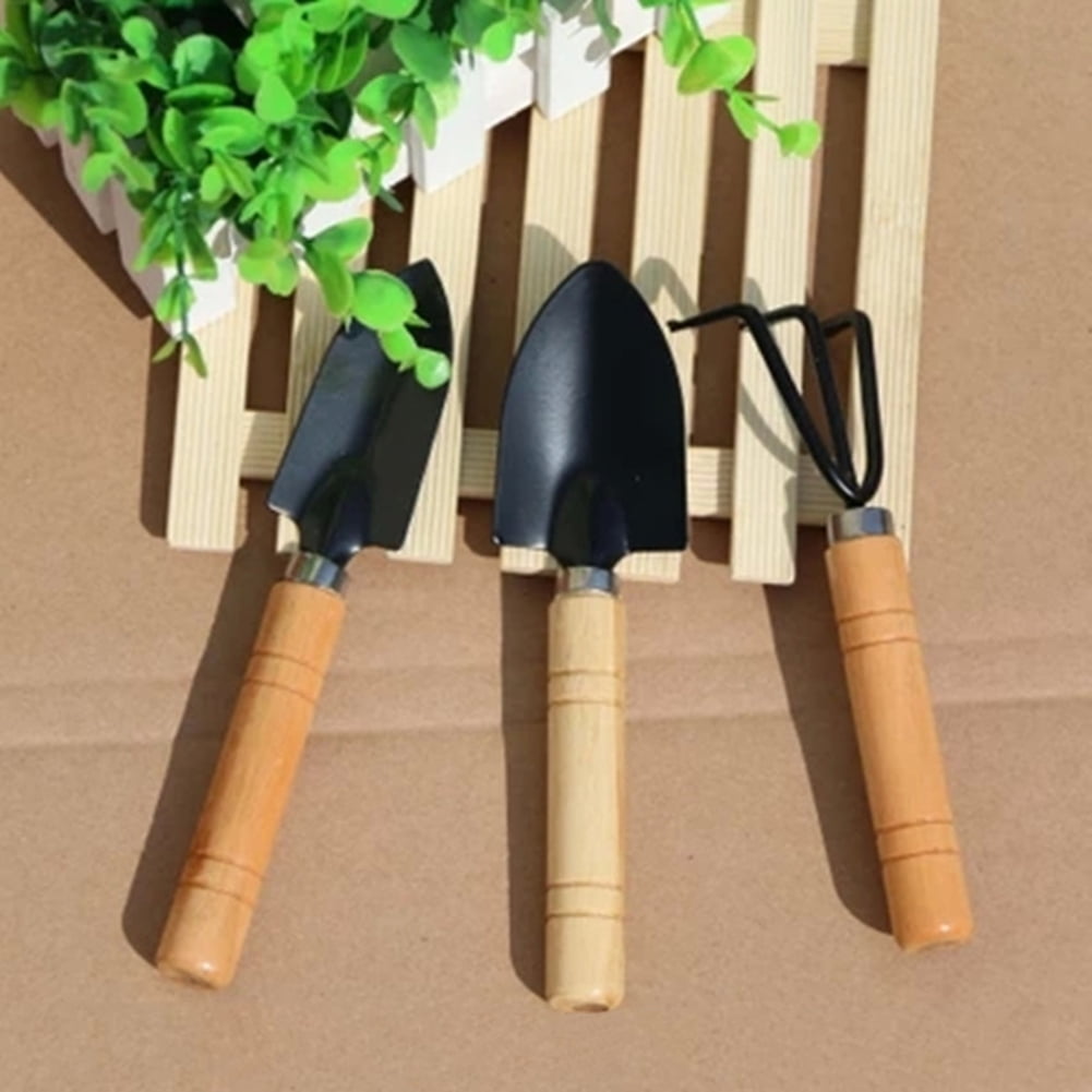 3Pcs Mini Garden Gardening Plant Tools Set with Wooden Handle Shovel Rake Spade - Image 5