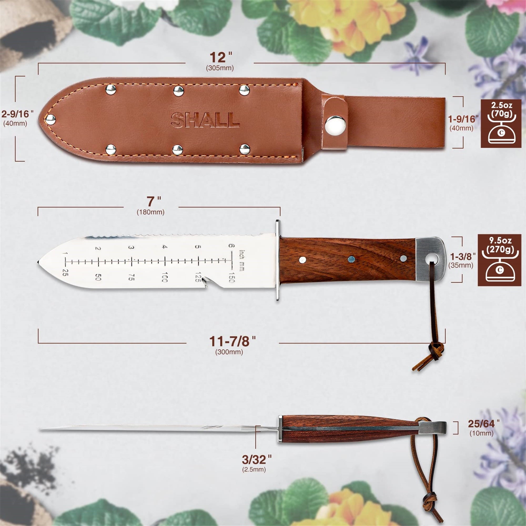 SHALL Hori Hori Garden Knife for Gardening, Full Tang Hori Hori Knife with Sheath & Hide Rope, 7” Stainless Steel Blade with Cutting Edge fo - Image 6