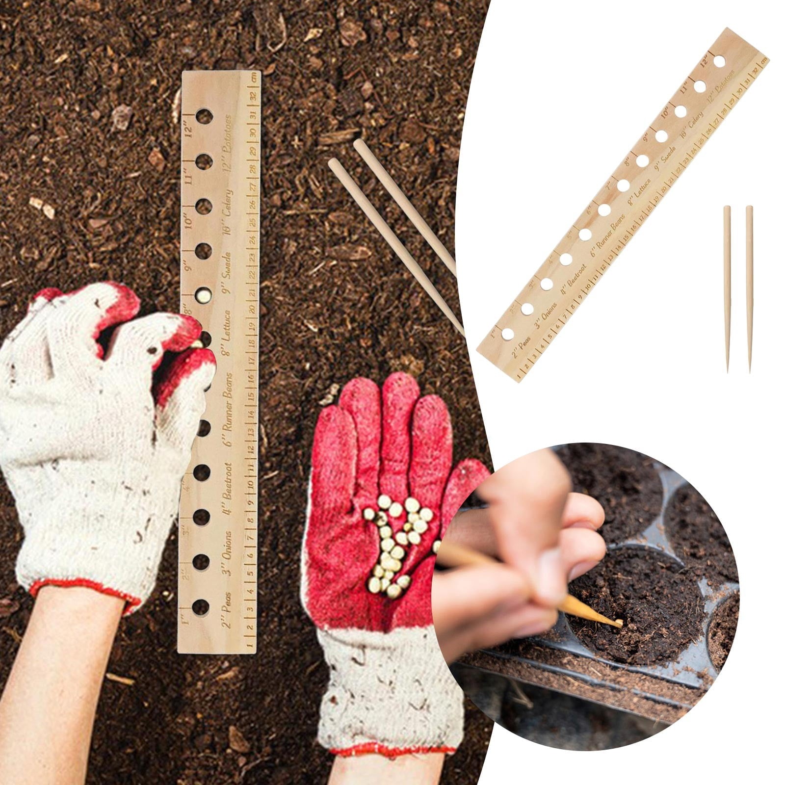 Spacer Tool Seeder Planting Ruler Wooden Seeding Spacing Ruler with Holes and Dibber for Gardens Yard - Image 3