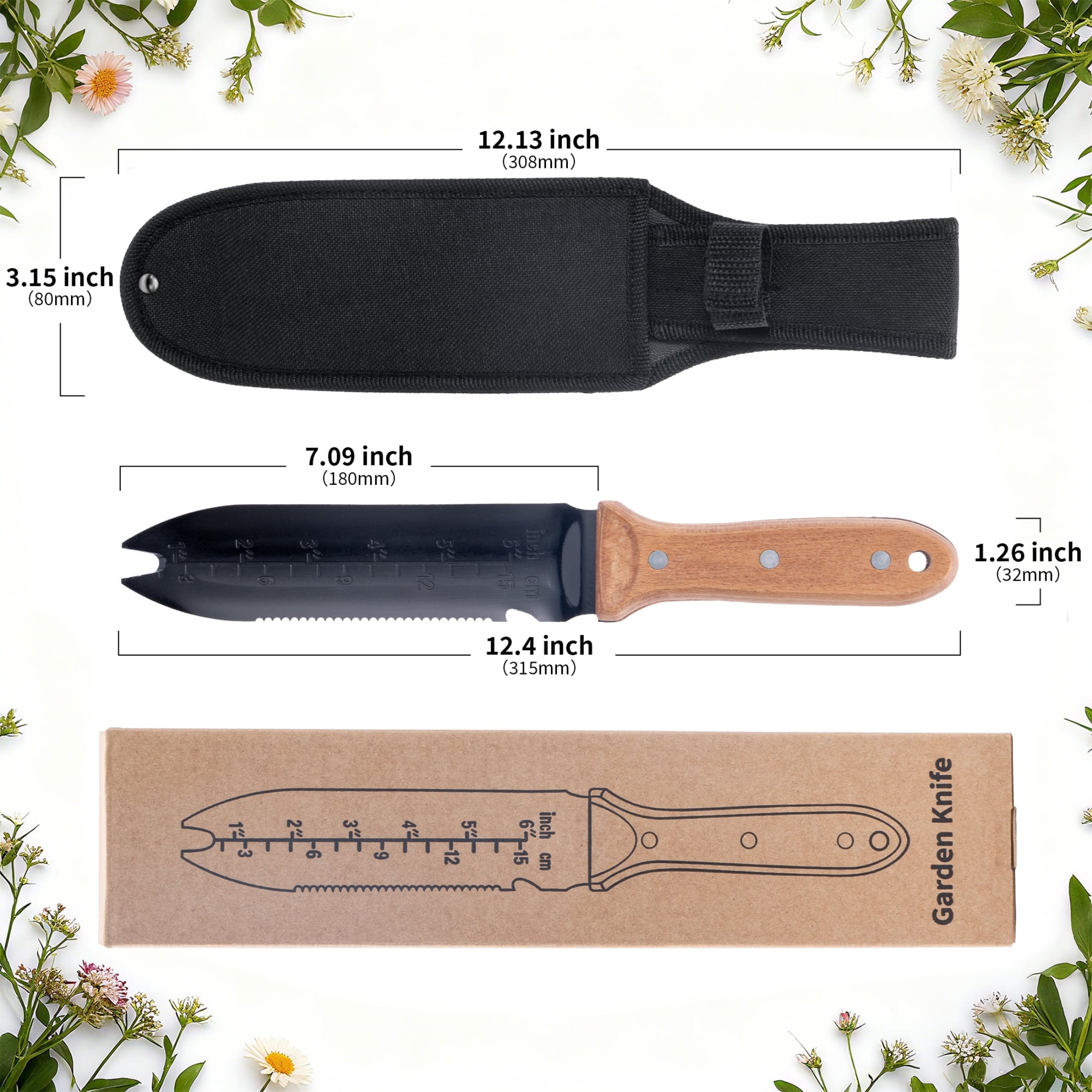 Hori Hori Garden Knife- Garden Tools with Oxford Cloth Sheath, 7" Stainless Steel Blade,Full Tang Beechwood Handle, I... - Image 3