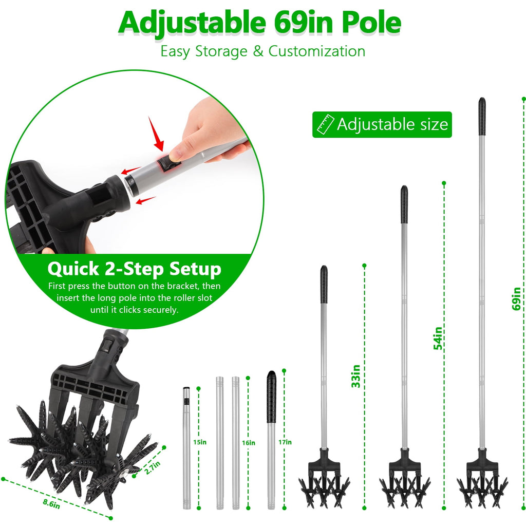 69in Manual Hand Tiller,2-in-1 Lawn Aerator Cultivator Tool with Adjustable Handle,42 Tines Stainless Steel Garden To... - Image 2
