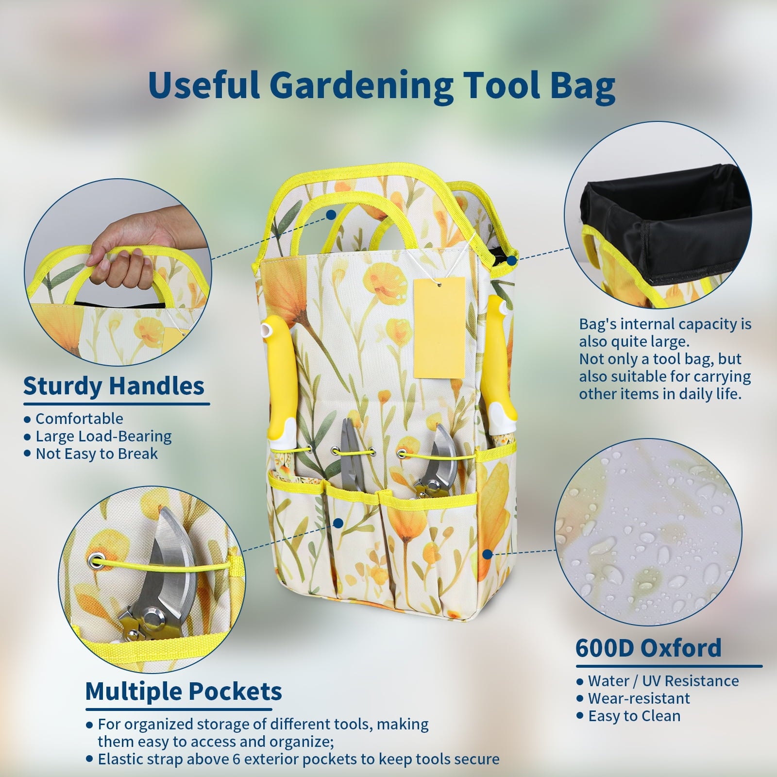 ZUEXT Yellow Garden Tool Sets 10-Piece, Heavy Duty Gardening Hand Tools with Non-Slip Ergonomic Handle, Flower Print Garden Tool Bag, Garden - Image 5