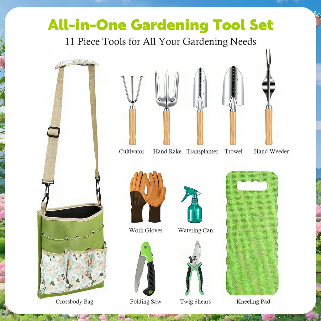 11-Piece Garden Tools Set for Women, Heavy Duty Stainless Steel Hand Tools with Ergonomic Non-Slip Grips & Canvas Sto... - Image 3