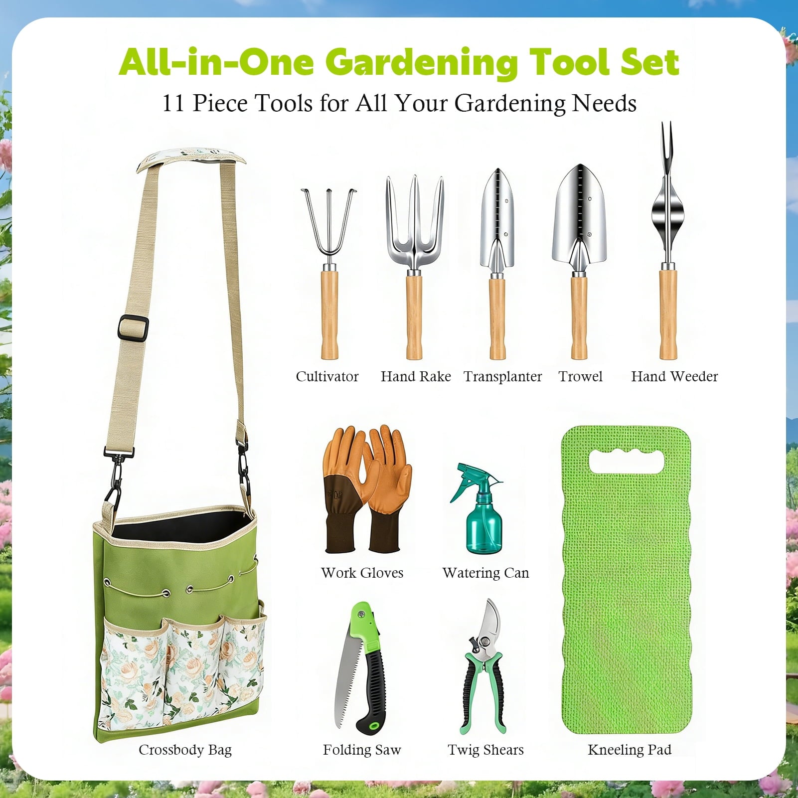 11-Piece Garden Tools Set for Women, Heavy Duty Stainless Steel Hand Tools with Ergonomic Non-Slip Grips & Canvas Sto... - Image 3