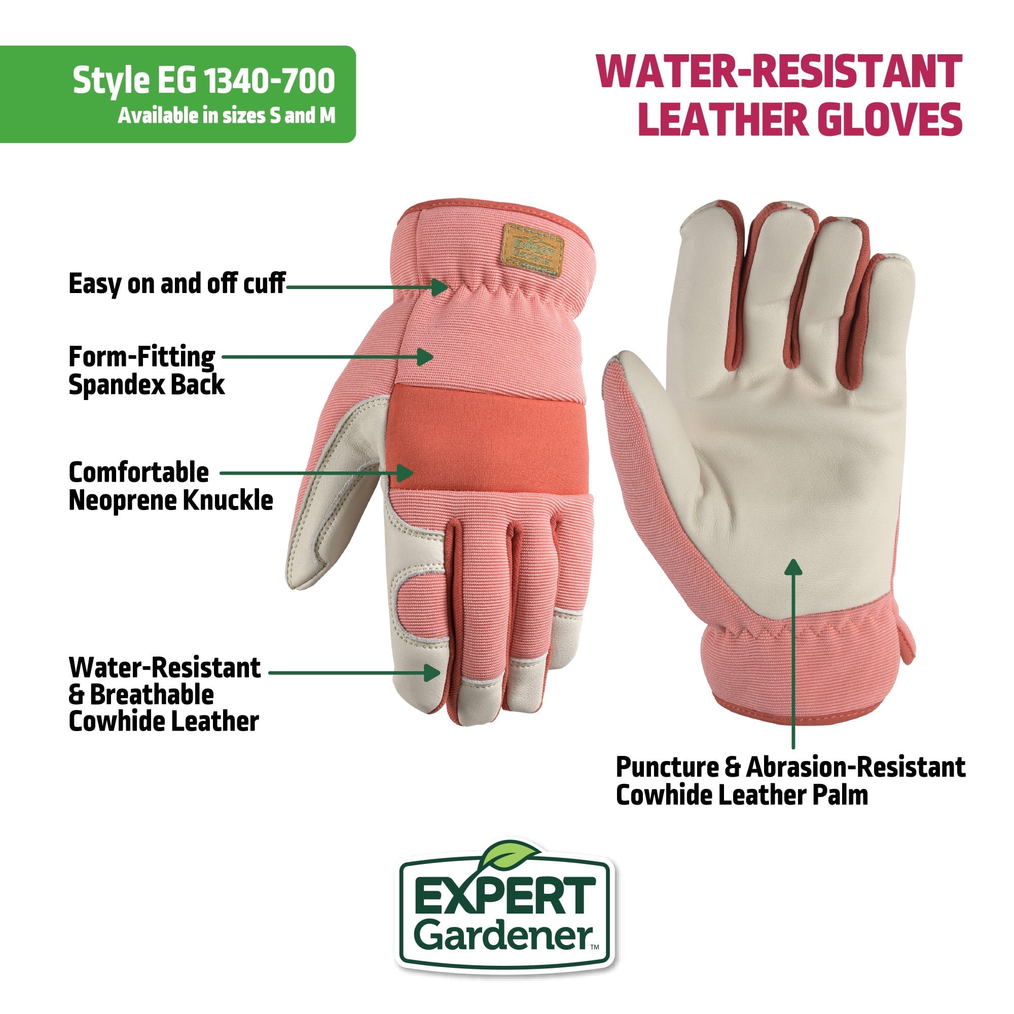Expert Gardener Womens Cowhide Leather Hybrid Gardening Gloves, SlipOn Size M - Image 2