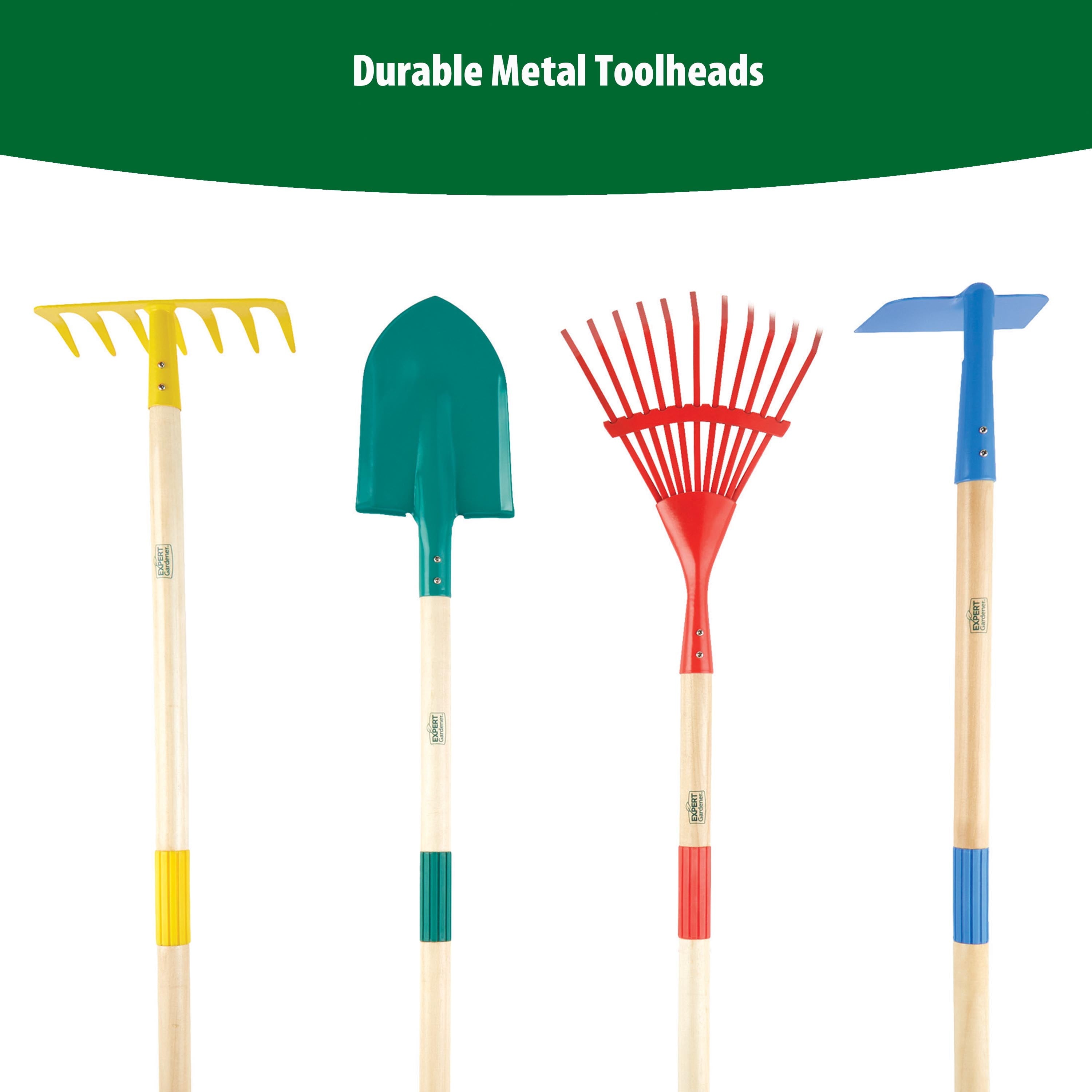 Expert Gardener 4-piece Kids Long Handle Gardening Tool Set, Hoe, Bow Rake, Leaf Rake, Shovel - Image 5