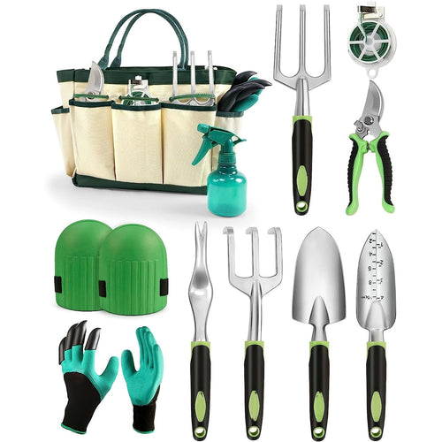 topjuju 10 Pcs Heavy Duty Stainless Steel Garden Tool Set, Rust-Resistant with Wooden Handle & Storage Tote Bag - Ergonomic Gardening Tools