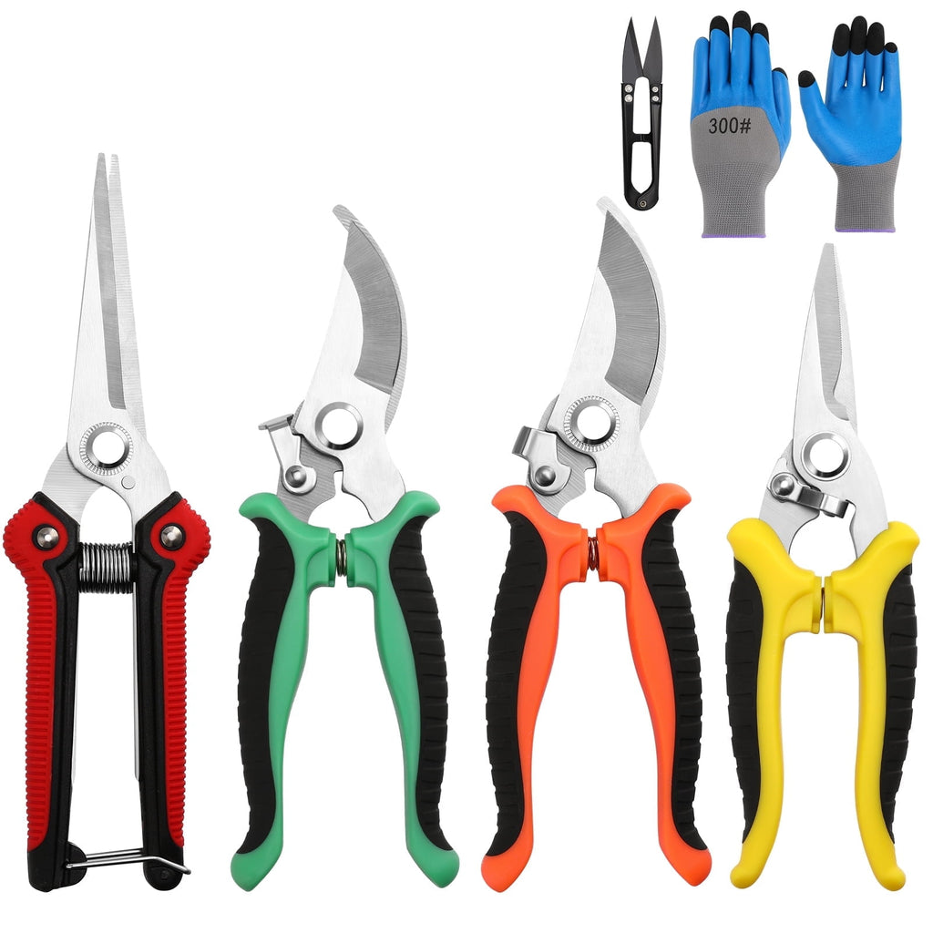 5 Pack Garden Pruning Shears Stainless Steel Blades, Handheld Scissors Set with Gardening Gloves, Heavy Duty Garden B...
